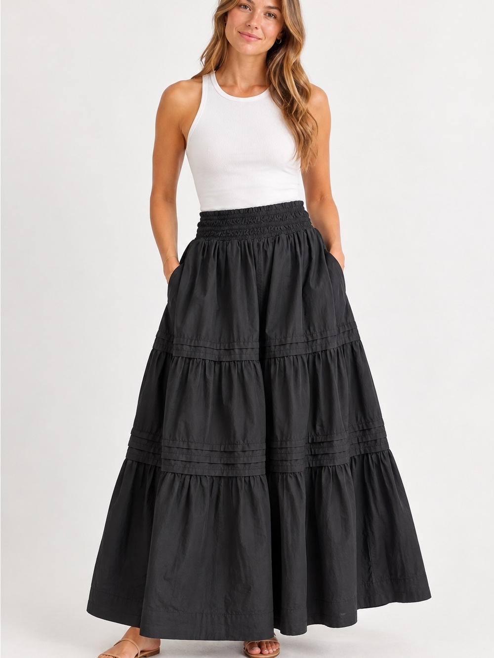 Quince Black Organic Cotton Tiered Maxi Skirt Smocked Waist Boho M